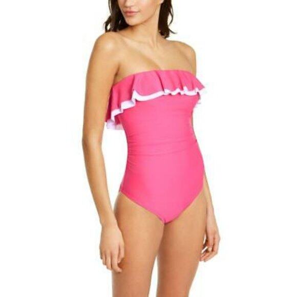 Tommy Hilfiger Pink Double Ruffle Bandeau One Piece Swimsuit NWT 8 - Picture 1 of 3